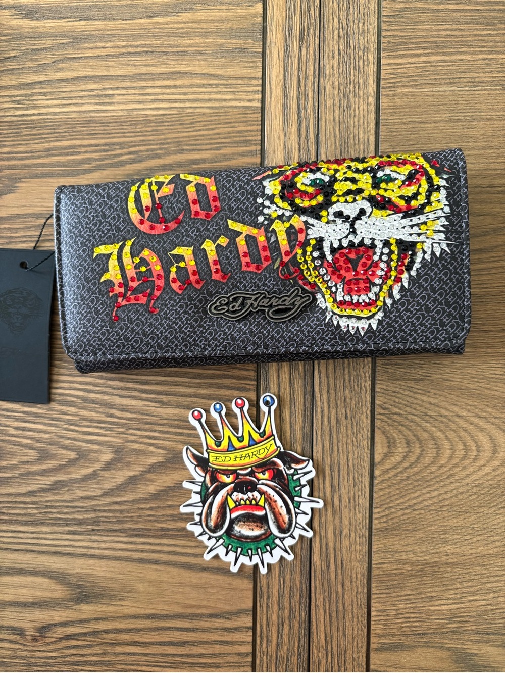 Ed Hardy Black Wallet with Rhinestone Red and Yellow Tiger Rhinestoned